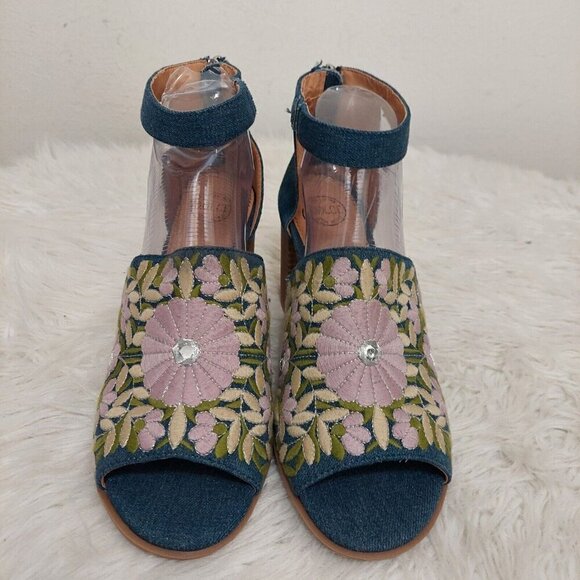 Dolce Mojo Moxy Denim Floral Boho Embroidered Heeled Sandals Shoes Open Toe 10M - Picture 4 of 10